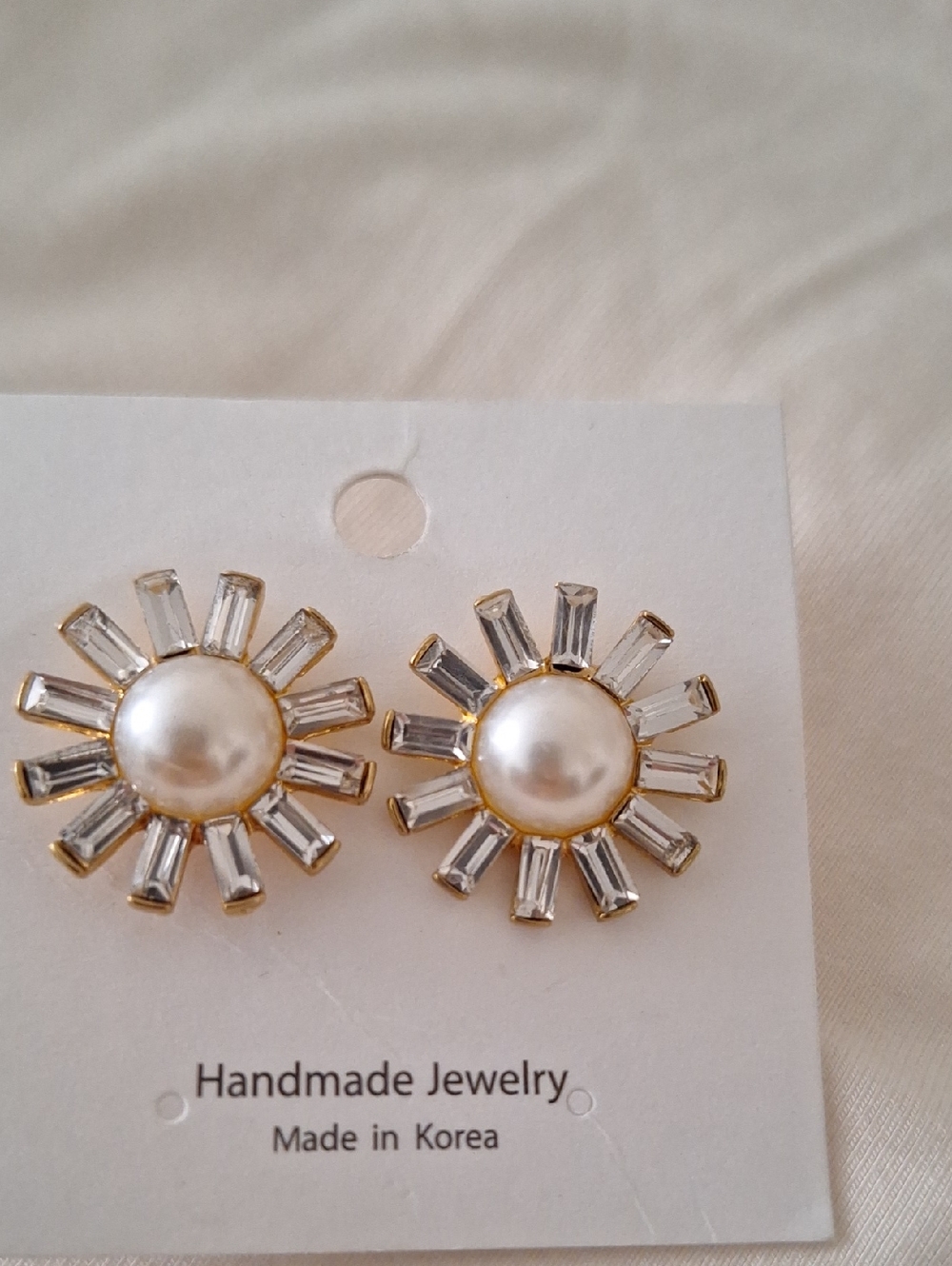 Handmade Pearl & Crystal Sunburst Stud Earrings - Gold and White